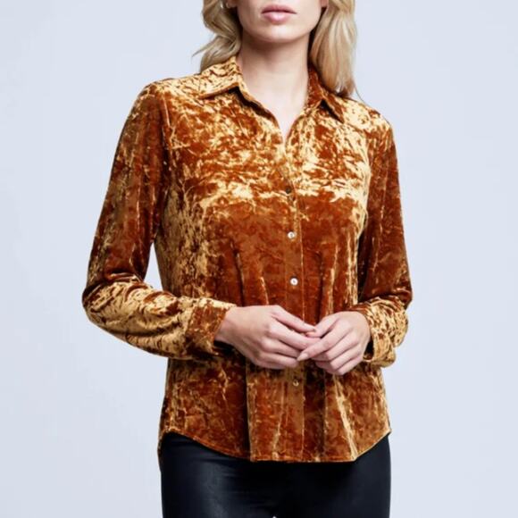 NWT L'Agence Laurent Crushed Velvet Burnout Button Down Blouse XS Khaki - Picture 1 of 11